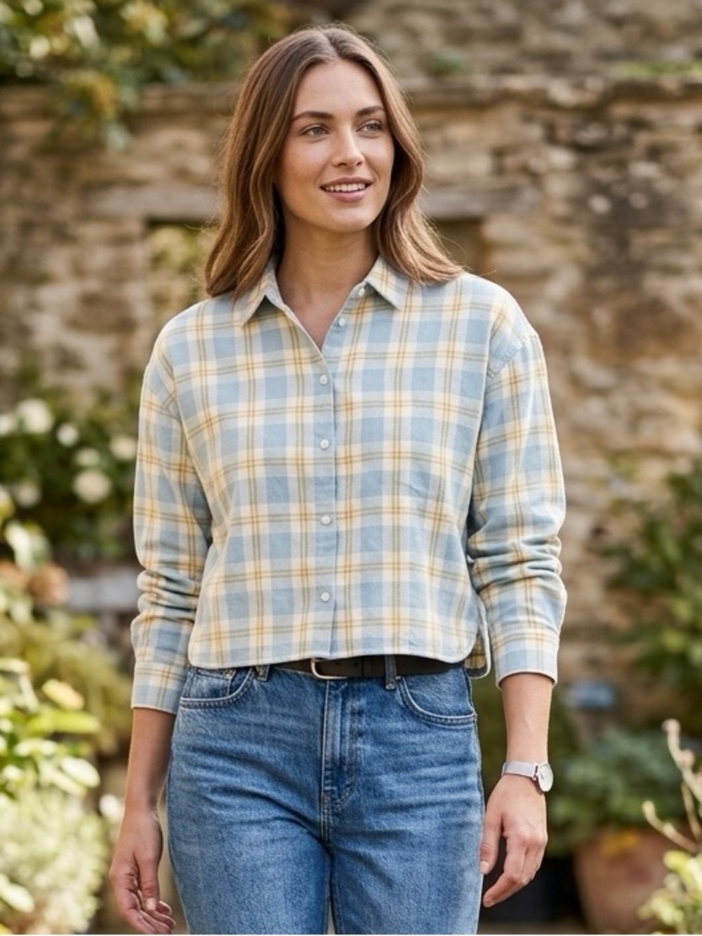Tuckernuck Plaid Jasper Cropped Button-Up Shirt in Light Blue and Cream